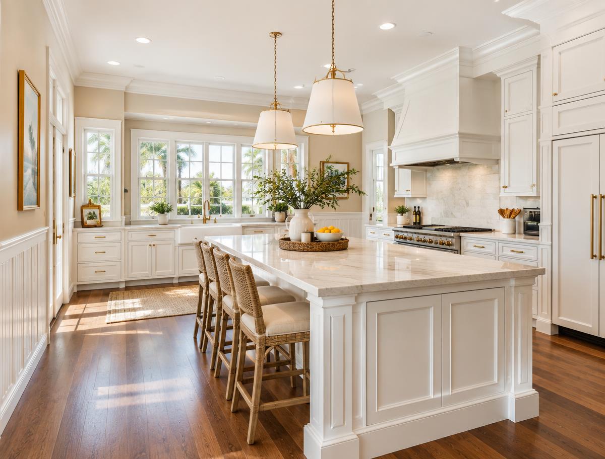 Bright kitchen with freshly installed white trim and molding