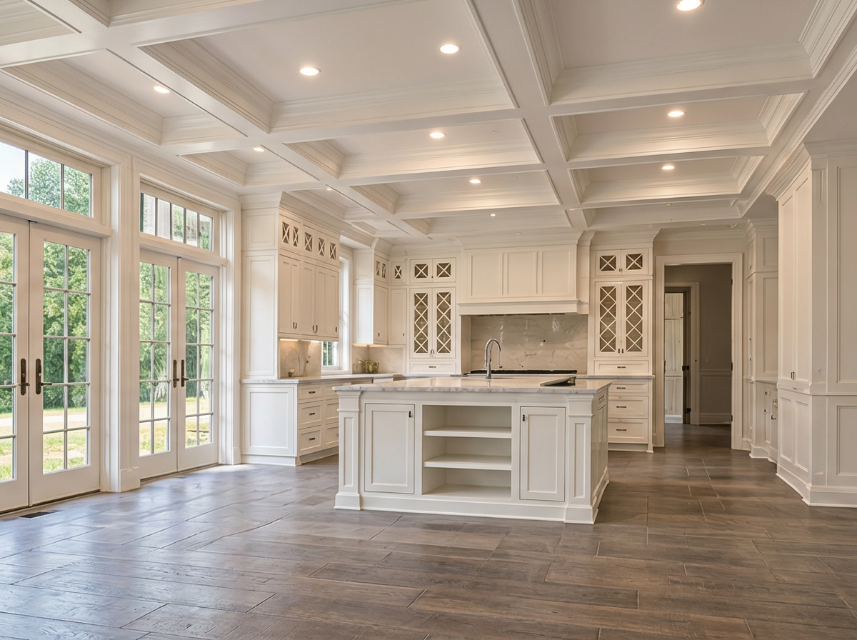 High-end kitchen with coffered ceiling, white cabinetry, and French doors