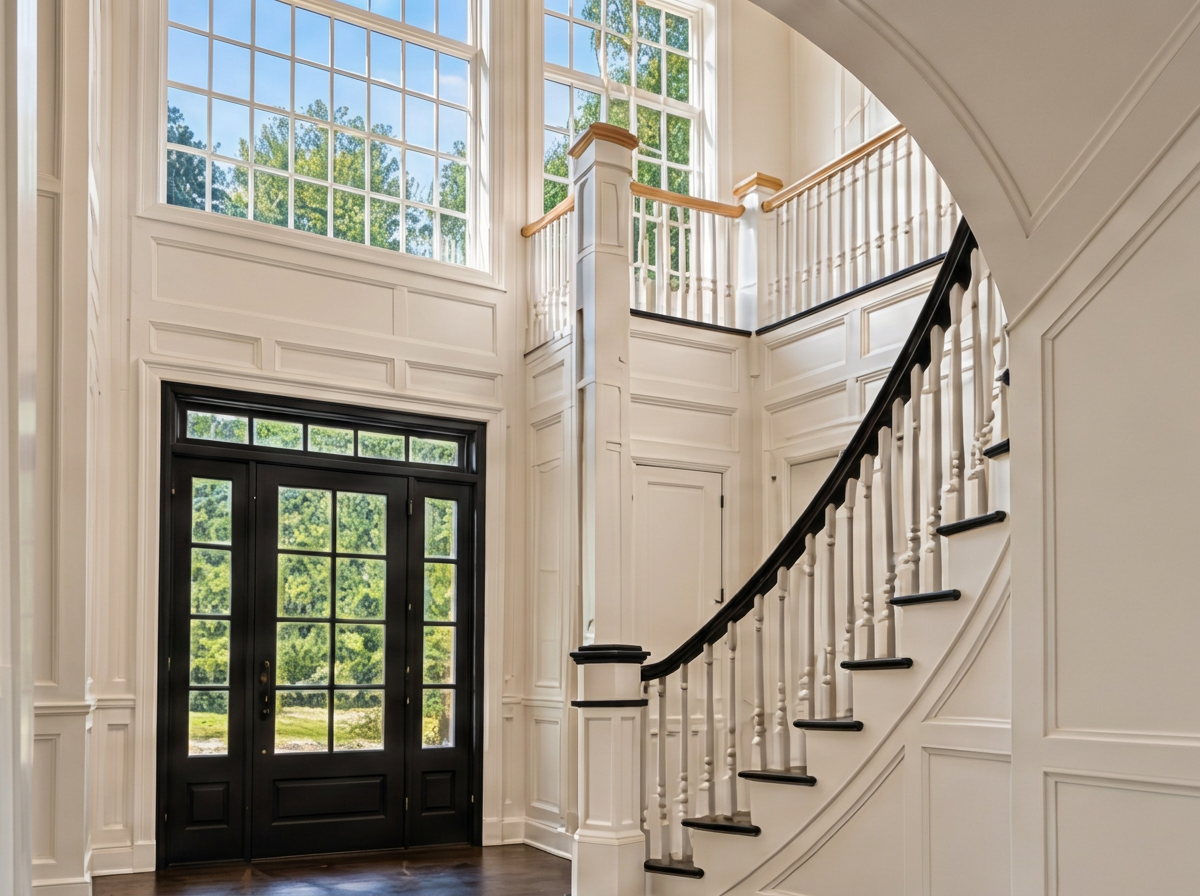 Grand foyer with white wainscoting paneling and curved staircase