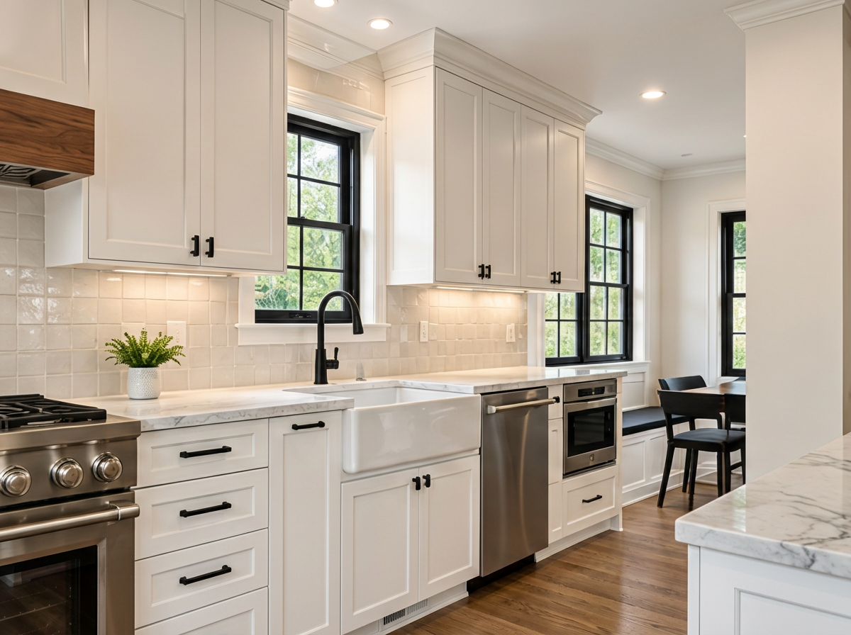 Kitchen work area with white shaker cabinets, farmhouse sink, and breakfast nook