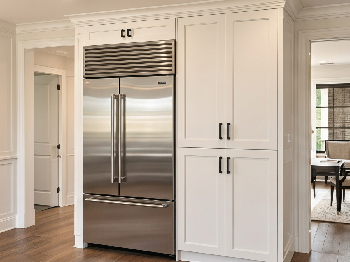 Built-in refrigerator flanked by white cabinetry with crown molding