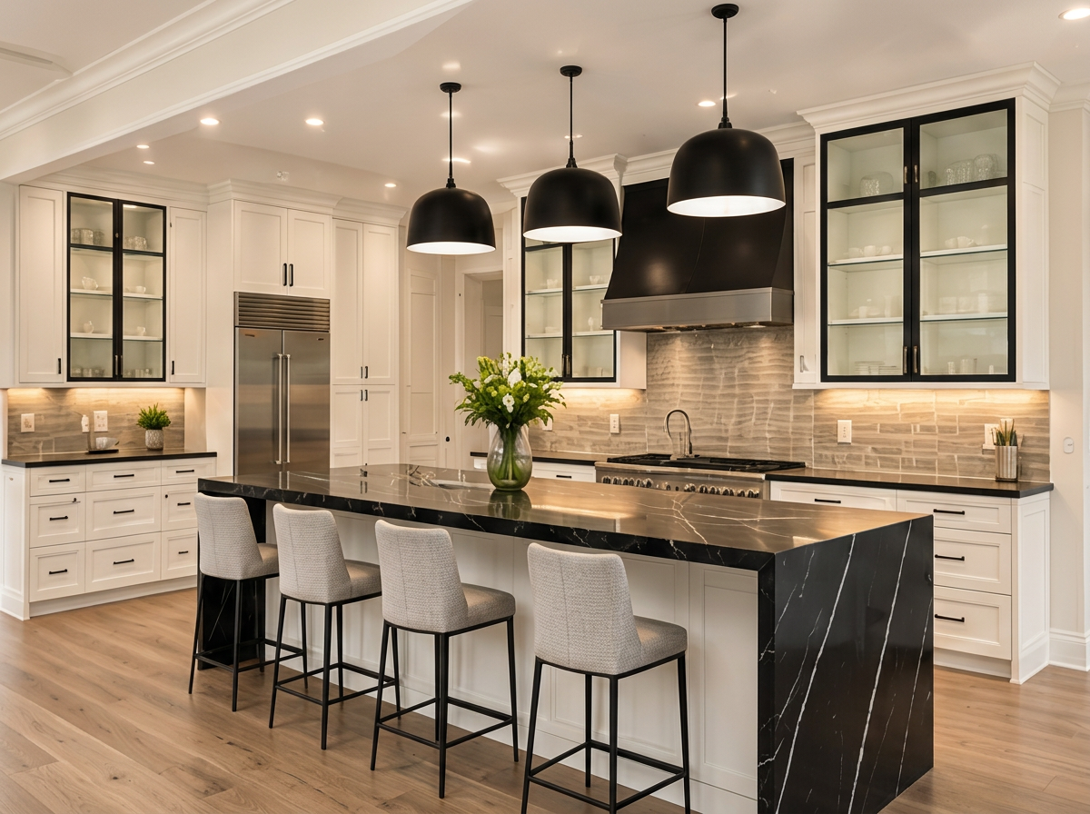 Modern kitchen with black marble island, pendant lights, and white trimwork