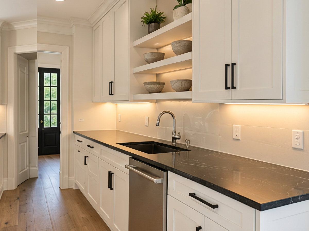 Kitchen sink area with floating shelves, white cabinets, and crown molding